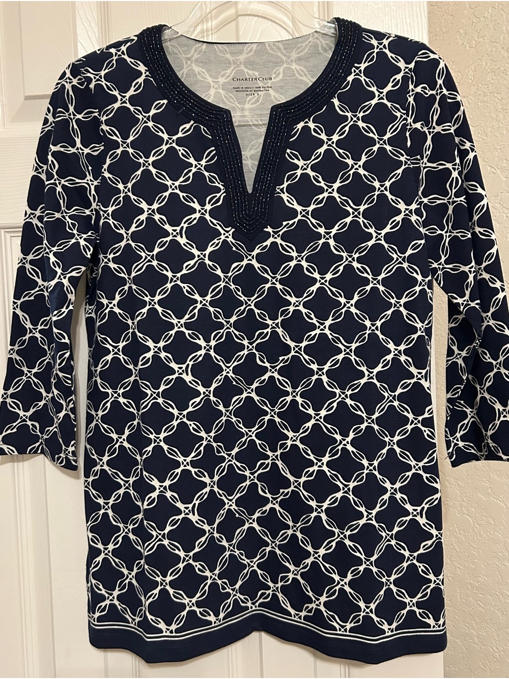Charter Club Navy and White Embellished V-Neck Top